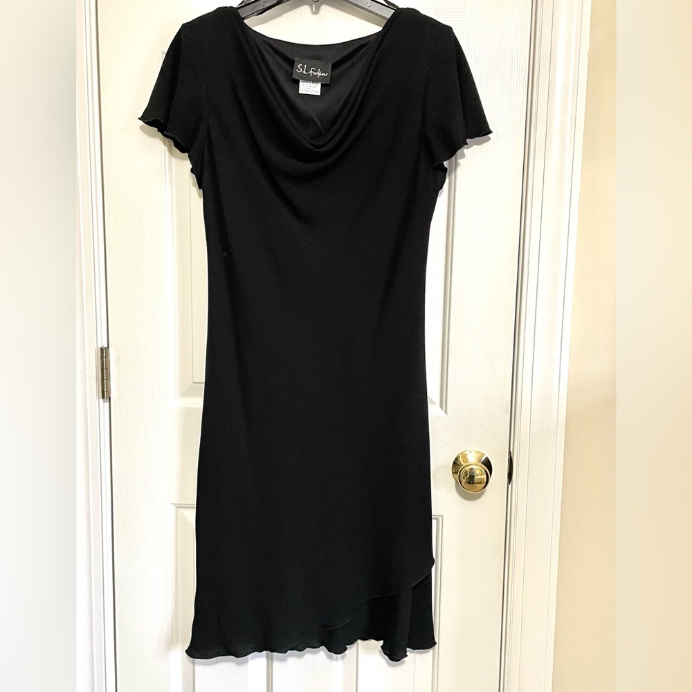 Dressy Black Dress Size 14 ruffled short sleeves & hem. Layered style at bottom